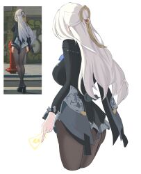 1girl absurdres ass from_behind game_screenshot_inset highres holding_ofuda inset long_hair official_alternate_costume ofuda orbis_123 pantyhose simple_background solo white_background white_hair yi_xuan_(trails_of_ink)_(zenless_zone_zero) yi_xuan_(zenless_zone_zero) zenless_zone_zero