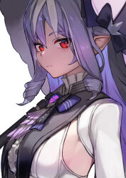 1girl absurdres breast_curtains breasts closed_mouth collar frilled_collar frills highres holding holding_umbrella long_hair looking_at_viewer medium_breasts pointy_ears purple_hair purple_ribbon red_eyes ribbon satonoko shirt sideboob simple_background solo umbrella upper_body vivian_(zenless_zone_zero) white_background white_shirt zenless_zone_zero