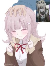 1boy 1girl artist_name blush brown_jacket closed_mouth collared_shirt danganronpa_(series) danganronpa_2:_goodbye_despair danganronpa_3_(anime) hands_up highres jacket long_sleeves medium_hair nanami_chiaki neck_ribbon nidai_nekomaru open_clothes open_jacket pink_hair red_ribbon ribbon shirt simple_background solo_focus sweatdrop white_background white_shirt xiang_gong