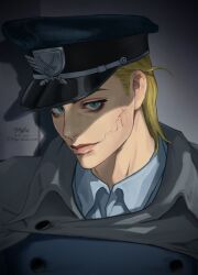 1boy blonde_hair blue_coat blue_eyes blue_shirt cape coat collared_cape collared_shirt commentary_request cracked_skin diego_brando grey_cape hat highres hogo_shoku_mkr jojo_no_kimyou_na_bouken kepi looking_at_viewer male_focus medium_hair military_hat military_uniform official_alternate_costume scary_monsters_(stand) shirt solo stand_(jojo) steel_ball_run upper_body