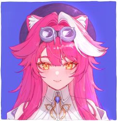 1girl animal_ears black_hat commentary_request daseinsu goggles goggles_on_head hair_intakes hashtag-only_commentary hat highres hololive hololive_english multicolored_hair orange_eyes panther_ears panther_girl pink_hair portrait raora_panthera shirt sleeveless sleeveless_shirt smile solo streaked_hair two-tone_hair virtual_youtuber white_hair