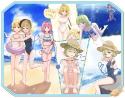 4girls :o ^_^ absurdres ahoge beach bikini black_hairband black_one-piece_swimsuit blonde_hair bubble closed_eyes cloud diving fang feet food freediving frilled_bikini frills green_eyes green_hair hairband hat hat_ribbon highres holding holding_food holding_popsicle ibuki_suika innertube komeiji_koishi komeiji_satori medium_hair mizuhashi_parsee mizuparu multiple_girls navel ocean one-piece_swimsuit open_mouth pink_eyes pink_hair popsicle ribbon school_swimsuit seashell shell siblings sisters sitting smile squatting starfish straw_hat suikawari sun_hat swim_ring swimming swimsuit third_eye toes touhou underwater yellow_eyes yellow_ribbon