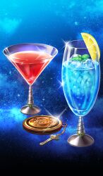 blue_background blue_theme caladbolg_(fate) champagne_flute chocolate_lady_no_karasawagi cocktail cocktail_glass commentary cup drink drinking_glass fate/grand_order fate_(series) food food_focus fruit ice ice_cube key lasengle lemon lemon_slice no_humans official_art sparkle star_(sky) starry_sky_background third-party_source