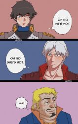 1girl 2boys artist_name beard black_hair blonde_hair blue_eyes blue_jacket blush dante_(devil_may_cry) devil_may_cry_(netflix) devil_may_cry_(series) enzo_(devil_may_cry) facial_hair green_eyes heterochromia highres jacket jumpoon lady_(devil_may_cry) multiple_boys mustache red_eyes red_jacket simple_background speech_bubble sweatdrop thought_bubble white_hair