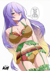 1girl alternate_costume arms_behind_back artist_name bare_arms bare_shoulders bilingual_text blonde_hair blush bra breasts cleavage closed_mouth colored_inner_hair commentary cowboy_shot dutch_angle english_commentary english_text eyes_visible_through_hair food-themed_clothes frilled_thigh_strap from_below garter_belt gluteal_fold gradient_eyes gradient_hair hair_between_eyes highres hololive hololive_indonesia kaiyen large_breasts long_hair looking_at_viewer midriff mixed-language_text moona_hoshinova multicolored_eyes multicolored_hair navel panties purple_eyes purple_hair shiny_skin simple_background solo speech_bubble starry_hair talking thigh_strap thighs two-tone_eyes two-tone_hair underwear underwear_only virtual_youtuber white_background yellow_eyes