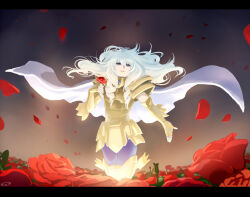 1boy armor blue_eyes blue_hair cape cowboy_shot floating_cape floating_hair flower glowing gold_armor gold_cloth gold_saint hand_up holding holding_flower long_hair looking_at_viewer male_focus mizuhara_aki mole mole_under_eye parted_lips pauldrons petals pisces_aphrodite red_flower red_petals red_rose ringlets rose rose_bush rose_petals saint_seiya shoulder_armor solo standing trap white_cape