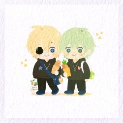 2boys alternate_universe bag bag_charm black_hoodie black_pants blonde_hair blue_bag blue_shoes blush border bread carrot charm_(object) commentary_request contemporary diamond-shaped_pupils diamond_(shape) dimitri_alexandre_blaiddyd dimitri_alexandre_blaiddyd_(timeskip) double-parted_bangs eyepatch fire_emblem fire_emblem:_three_houses food full_body green_eyes green_hair highres holding holding_bag hood hood_down hoodie jewelry male_byleth_(enlightened)_(fire_emblem) male_byleth_(fire_emblem) male_focus multiple_boys necklace nintendo one_eye_covered pants rhea_season shoes shoulder_bag side-by-side smile standing symbol-shaped_pupils white_background