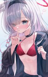 1girl absurdres black_choker black_hairband black_jacket black_shirt black_skirt blue_archive blush bra choker eyes_visible_through_hair finger_to_mouth grey_hair hair_over_one_eye hair_ribbon hairband highres jacket long_hair looking_at_viewer navel open_clothes open_mouth open_shirt plana_(blue_archive) re_inverse red_bra ribbon shirt shushing sidelocks skirt solo stomach sweat underwear white_ribbon