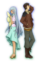 1boy 1girl black_hair blush boots closed_eyes code_geass couple dark_skin dress hat headband high_heels jacket long_hair ohgi_kaname sandals shoes short_hair silver_hair uzura_(suzukane) villetta_nu