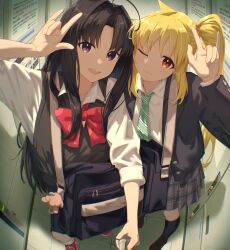 Rule 34 | 2girls, ahoge, awa subaru, bag, black coat, black hair, black socks, blazer, blonde hair, bocchi the rock!, bow, bowtie, brown sweater vest, coat, cosplay, costume switch, crossover, detached ahoge, diagonal-striped clothes, diagonal-striped necktie, girls band cry, hair intakes, hand up, highres, holding, holding stick, ijichi nijika, indoors, jacket, jl tan, kneehighs, long hair, looking at viewer, multiple girls, necktie, one eye closed, open clothes, open coat, open mouth, plaid clothes, plaid skirt, pleated skirt, polka dot bowtie, purple eyes, red bow, red bowtie, red eyes, red shoes, school bag, school uniform, selfie, selfie stick, shimokitazawa high school uniform, shirt, shoes, side ponytail, skirt, smile, sneakers, socks, stick, striped clothes, sweater vest, teeth, trait connection, upper teeth only, white shirt