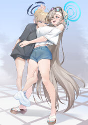 2girls asuna_(blue_archive) bare_shoulders black_shirt blonde_hair blue_archive blue_eyes blue_hair blue_halo blue_nails blue_shorts blush braid breasts choker hair_bun hair_over_one_eye half_up_braid halo highres hug interlocked_legs large_breasts long_hair multicolored_hair multiple_girls navel off-shoulder_shirt off_shoulder one_eye_closed open_mouth s87074877 shirt shoes shorts slippers smile streaked_hair thighs toes toki_(blue_archive) very_long_hair white_shirt white_shoes