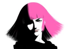 1girl black_eyes gundam haman_karn kawoshiki looking_at_viewer partially_shaded_face pink_hair portrait shadow short_hair simple_background smile solo white_background zeta_gundam