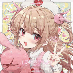 1girl apron fang guoshixing hat highres holding holding_stuffed_toy looking_at_viewer natori_sana natori_sana_(nurse) nurse nurse_cap open_mouth pink_apron pink_eyes sana_channel shirt smile solo stuffed_toy upper_body v virtual_youtuber white_shirt