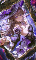 1girl bare_shoulders black_dress breasts brown_hair commentary_request detached_sleeves dress empty_picture_frame finger_to_mouth from_side hat herta_(honkai:_star_rail) highres honkai:_star_rail honkai_(series) long_hair looking_at_viewer no_bra picture_frame pkokonatu purple_eyes shushing small_breasts smile solo the_herta_(honkai:_star_rail) very_long_hair witch_hat