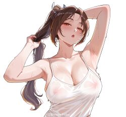 1girl absurdres arm_behind_head armpits ass blush breasts brown_hair collarbone covered_erect_nipples fatal_fury highres large_breasts long_hair looking_at_viewer nevee open_mouth red_eyes see-through_clothes see-through_shirt shiranui_mai shirt simple_background teeth twitter_username upper_body upper_teeth_only wet wet_clothes wet_shirt white_background