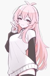 1girl antenna_hair black_sleeves black_thighhighs blush breasts closed_mouth commentary hair_between_eyes hand_up highres long_hair long_sleeves looking_at_viewer m_r_b mumble_(shachimu) original pink_eyes pink_hair puffy_long_sleeves puffy_sleeves simple_background smile solo sweater thighhighs turtleneck turtleneck_sweater two-tone_sweater v white_background white_sweater