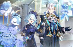 1boy 1girl :d absurdres ahoge ascot asymmetrical_gloves black_coat black_gloves blue_ascot blue_eyes blue_gemstone blue_hair blue_hat blue_jacket blue_pupils coat commentary_request day drop-shaped_pupils furina_(genshin_impact) gem genshin_impact gentilhomme_usher gloves hair_between_eyes hat heterochromia highres holding holding_umbrella hydro_symbol_(genshin_impact) jacket light_blue_hair long_sleeves looking_at_another mademoiselle_crabaletta medium_hair mismatched_gloves multicolored_hair neuvillette_(genshin_impact) open_mouth ouji_fashion outdoors parted_lips rain shiba_(tonari_no_shiba_inu) smile streaked_hair surintendante_chevalmarin symbol-shaped_pupils teeth twitter_username umbrella upper_teeth_only vision_(genshin_impact) white_ascot white_gloves white_hair yellow_eyes