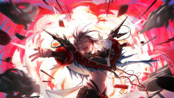 +_+ 1girl :d absurdres arknights arsum0731 belt_pouch commentary debris english_commentary explosion explosion_background fingernails floating_clothes floating_hair grey_hair highres looking_at_viewer midriff navel open_mouth orange_eyes outstretched_arms pouch red_nails smile solo standing symbol-shaped_pupils upper_body w_(arknights) wis&#039;adel_(arknights) zipper