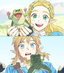 1boy 1girl absurdres black_gloves blonde_hair blue_eyes blue_shirt blush braid commentary_request crown_braid fingerless_gloves frog gloves green_eyes hair_ornament hairclip highres korean_commentary link long_hair nagsu_(narksuhaza) nintendo open_mouth pointy_ears princess_zelda shirt short_hair sidelocks smile sweatdrop teeth the_legend_of_zelda the_legend_of_zelda:_breath_of_the_wild upper_teeth_only