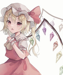 1girl ascot blonde_hair blush bow cowboy_shot crystal flandre_scarlet frilled_shirt_collar frills hat konsome_potechi long_hair looking_at_viewer mob_cap one_side_up open_mouth puffy_short_sleeves puffy_sleeves red_eyes red_skirt red_vest ribbon shirt short_sleeves side_ponytail simple_background skirt solo touhou vest white_background white_shirt wings wrist_cuffs yellow_ascot