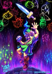 1boy arm_up artist_logo artist_name belt blonde_hair blue_eyes bluesky_username boots brown_boots clock clock_tower colorful colorful_background deku falling floating floating_object floating_sword floating_weapon goron green_hat green_tunic hand_up hat highres holding holding_ocarina instrument kokiri_sword light_particles light_trail link logo majora_(entity) mask maskedgolem nintendo ocarina open_hand open_mouth pointy_ears scared sheath short_hair sword teeth the_legend_of_zelda the_legend_of_zelda:_majora&#039;s_mask tower tunic weapon young_link zora