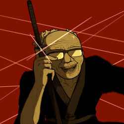 1boy 77-sai_no_koumon_morokan_no_oyaji absurdres black_kimono commentary_request glasses glint highres holding holding_sheath japanese_clothes katana kimono male_focus manatsu_no_yo_no_inmu muimui_(4242564muimui) old old_man opaque_glasses open_mouth red_background scabbard sheath smile solo sword unsheathing upper_body weapon