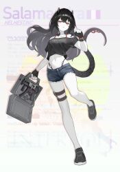 1girl absurdres arm_tattoo bare_legs bare_shoulders black_gloves black_hair black_horns black_shoes black_tail blush bra_strap bracelet breasts briefcase briefcase_gun character_name chestnut_mouth clothes_writing collarbone commentary crop_top denim denim_shorts english_commentary english_text full_body gloves gun h&amp;k_mp5k hand_up heckler_&amp;_koch highres holding holding_briefcase horns italian_flag jerry_wang jewelry lizard_tail logo long_hair magazine_(weapon) medium_breasts navel open_mouth original pale_skin red_eyes reptile_girl scales shoes shorts simple_background slit_pupils sneakers standing standing_on_one_leg submachine_gun tail tail_ornament tail_ring tattoo thigh_strap weapon