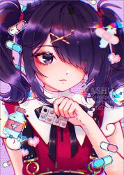 Rule 34 | 1girl, aegyo sal, ame-chan (needy girl overdose), bandaid, black eyes, black hair, diagonal bangs, drugs, glitch, hair ornament, hair over one eye, holding, holding pill, neck ribbon, needy girl overdose, open mouth, pill, pill bottle, pink background, ribbon, short twintails, solo, suspenders, twintails, upper body, x hair ornament, zashuart