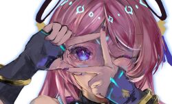 Rule 34 | 1girl, bare shoulders, blue eyes, citlali (genshin impact), close-up, eyelashes, facial mark, finger frame, fingerless gloves, floating headgear, forehead mark, genshin impact, gloves, hair between eyes, headgear, highres, long hair, looking at viewer, nail polish, one eye closed, penguin (penguin38988638), pink hair, purple eyes, purple nails, solo, triangle, triangle facial mark, white background