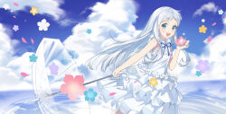 Rule 34 | 1girl, ano hi mita hana no namae wo bokutachi wa mada shiranai., blue ribbon, cloud, commentary request, day, dress, falling petals, frilled dress, frills, grey hair, harutatsunoki, highres, holding, holding umbrella, honma meiko, long hair, looking at viewer, open mouth, petals, ribbon, solo, sparkle, teeth, umbrella, upper teeth only, white dress, white hair