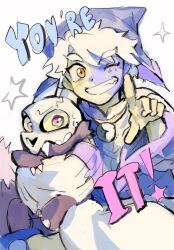 Rule 34 | 1boy, 1other, birthday, blue hat, blue skin, colored skin, commentary, dog, english commentary, english text, hat, highres, king clawthorne, mask, multicolored skin, pointing, pointing at viewer, skull mask, sunnyirry, the collector (the owl house), the owl house, two-tone skin, yellow eyes, yellow skin
