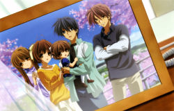 Rule 34 | 00s, 2boys, 3girls, absurdres, antenna hair, blue eyes, blue hair, brown eyes, brown hair, casual, cherry blossoms, cigarette, clannad, detexted, family, furukawa akio, furukawa nagisa, furukawa sanae, highres, ikeda kazumi, long hair, multiple boys, multiple girls, non-web source, official art, okazaki tomoya, okazaki ushio, photo (object), school uniform, short hair, socks, third-party edit
