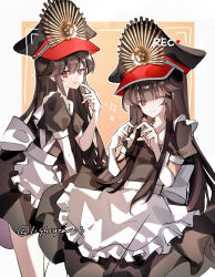 1girl absurdres alternate_costume apron black_dress black_hair black_hat dress enmaided fate/grand_order fate_(series) four-finger_heart_hands frills hand_up hat heart heart_hands highres long_hair looking_at_viewer maid oda_nobunaga_(fate) oda_nobunaga_(koha-ace) oda_uri one_eye_closed peaked_cap recording red_eyes short_sleeves simple_background smile twitter_username white_apron xixing_chun