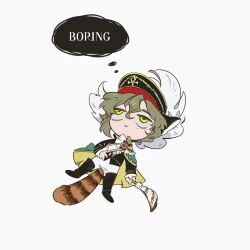 1girl animal_ears black_boots black_hat black_jacket boots brown_hair brown_tail cape chibi english_text full_body green_cape green_eyes hat hat_feather highres holding holding_quill jacket jo_jun kemonomimi_mode looking_up lying military_hat mole mole_under_eye on_back pants quill recoleta_(reverse:1999) reverse:1999 sash short_hair shoulder_sash solo speech_bubble thigh_boots thought_bubble white_background white_pants white_sash