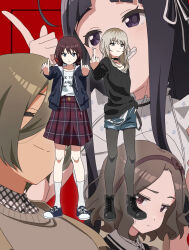 Rule 34 | 5girls, awa subaru, black choker, black footwear, black hair, black pantyhose, black sweater, blue jacket, blue shorts, boots, bow hairband, brown hair, brown hairband, brown sweater, choker, closed eyes, closed mouth, commentary request, dark-skinned female, dark skin, denim, denim shorts, ebizuka tomo, girls band cry, hair ribbon, hairband, highres, iseri nina, jacket, kawaragi momoka, looking at viewer, middle finger, multiple girls, noko robunbun, pantyhose, pinky out, plaid clothes, plaid skirt, pleated skirt, purple eyes, red background, red eyes, red skirt, ribbon, rupa (girls band cry), shirt, short twintails, shorts, skirt, smile, socks, sweater, togenashi togeari, twintails, white ribbon, white shirt, white socks