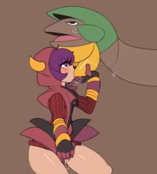 1girl absurdres captain_kirb courtney_(pokemon) courtney_(pokemon_oras) fellatio fingering gen_3_pokemon highres masturbation nintendo oral pokemon pokemon_(creature) pokemon_oras purple_eyes solo_focus tropius