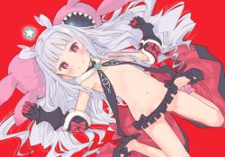 1girl ankle_garter black_shoes blunt_bangs closed_mouth commentary_request flat_chest fur_trim galaktika groin highres hoshimiya_kate long_hair looking_at_viewer lowleg lying navel no_mask red_background red_eyes saeki_tatsuya sekai_seifuku:_bouryaku_no_zvezda shoes simple_background sitting smile solo star_(symbol) stuffed_animal stuffed_rabbit stuffed_toy venera-sama very_long_hair wariza white_hair