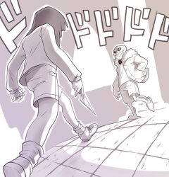 1boy 1other androgynous cellix chara_(undertale) hand_in_pocket holding holding_knife jojo_no_kimyou_na_bouken knife meme menacing_(jojo) oh?_you&#039;re_approaching_me?_(meme) sans_(undertale) shorts skeleton smile sweater undertale