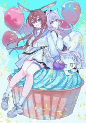 Rule 34 | 2girls, :d, absurdres, amiya (arknights), animal ears, aqua eyes, arknights, back-to-back, balloon, blouse, blue collar, blue sailor collar, brown hair, chasansui, chinese commentary, collar, commentary request, confetti, cream, crossed bangs, cupcake, dress, food, full body, grey dress, grey footwear, grey hair, grey shirt, grey skirt, grey socks, hair between eyes, hair ornament, hairband, hairclip, highres, jewelry, kneehighs, long dress, long hair, long sleeves, looking at viewer, mint, multiple girls, open mouth, oversized food, oversized object, parted lips, ring, rosmontis (arknights), sailor collar, shirt, shoes, sitting, sitting on food, skirt, sleeve cuffs, smile, sneakers, socks, thighlet, white hairband