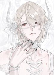 1boy :q absurdres beads black_nails blonde_hair bow bracelet brown_eyes choker commentary_request corset_piercing demon_horns ear_piercing earrings eyeshadow girly_boy hair_between_eyes heart heart_earrings hickey highres horns idolish7 jewelry licking_lips makeup multiple_rings nail_polish natsume_minami pale_skin parted_bangs piercing red_eyeshadow ribbon ring short_hair simple_background smile solo teardrop_facial_mark tongue tongue_out upper_body white_background white_choker white_horns white_sleeves
