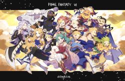 3girls 6+boys black_hair blonde_hair bodysuit boots cyan_garamonde celes_chere edgar_roni_figaro everyone final_fantasy final_fantasy_vi gau gogo green_hair grey_hair hanaon highres holding holding_sword holding_weapon interceptor_(ff6) locke_cole sabin_rene_figaro mog multiple_boys multiple_girls ninja pants relm_arrowny setzer_gabbiani shadow_(ff6) square_enix strago_magus sword tina_branford umaro vest weapon white_footwear white_hair yellow_pants yellow_vest yeti_(creature)