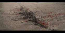 Rule 34 | bad id, bad pixiv id, blood, blood on ground, blood splatter, blood stain, blurry, bow (weapon), copyright name, depth of field, dust, floor, letterboxed, no humans, photoshop (medium), pixiv fantasia, pixiv fantasia t, renatus.z, weapon, weapon focus