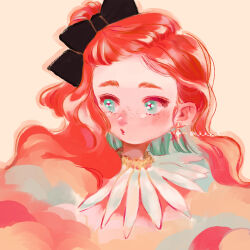 1girl black_bow bow earrings eyelashes freckles green_eyes hair_bow jewelry lips looking_afar looking_to_the_side makeup oka-easelandshiro original portrait red_hair red_lips rouge_(makeup) simple_background solo square twitter_username variant_set