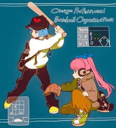 Rule 34 | 2girls, alternate costume, backpack, bag, baseball, baseball bat, baseball cap, baseball glove, batting stance, behind-the-head headphones, black eyes, black hat, black pants, blue background, blue hair, blush, brown hoodie, closed mouth, commentary request, english text, expressionless, from side, full body, hair ribbon, hat, headphones, highres, holding, holding baseball bat, hood, hood down, hoodie, inset, long hair, long sleeves, multiple girls, omega ray, omega rio, omega sisters, on one knee, orange pants, pants, pink hair, profile, ribbon, shirt, short hair, shoulder bag, siblings, sisters, standing, tamo (gaikogaigaiko), twintails, two-handed, virtual youtuber, white shirt