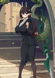 1girl backpack bag biscione_(fate) biscione_(first_ascension)_(fate) black-framed_eyewear black_coat black_hair black_skirt black_suit blunt_bangs bob_cut breasts brown_bag buttons closed_mouth coat collared_shirt dot_mouth double-breasted dragon_girl dragon_horns dragon_tail expressionless fate/grand_order fate_(series) feet_out_of_frame formal_clothes game_cg glasses green_tail hair_ornament hands_up holding holding_polearm holding_strap holding_weapon holding_with_tail horns imigimuru impossible_clothes lapels large_breasts layered_sleeves legs_apart long_pointy_ears long_sleeves looking_at_viewer medium_skirt notched_lapels official_art pantyhose pencil_skirt pointy_ears polearm prehensile_tail red_eyes shirt short_hair skirt solo spear standing suit tail third-party_source variant_set weapon white_horns white_shirt wing_collar