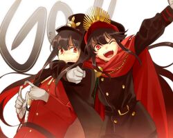 1boy 1girl belt black_cape black_hair black_hat black_jacket black_pants breasts buttons cape chain echo_(circa) fate/grand_order fate_(series) gloves hat jacket koha-ace long_hair long_sleeves looking_at_viewer medallion military military_hat military_uniform oda_nobukatsu_(fate) oda_nobunaga_(fate) oda_nobunaga_(koha-ace) oda_uri one_eye_closed open_mouth pants peaked_cap popped_collar red_cape red_eyes red_jacket sidelocks small_breasts smile white_background white_gloves