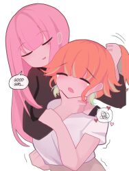2girls alternate_costume bare_shoulders blush breasts couple earrings feather_earrings feathers female_pervert highres hololive hololive_english jewelry large_breasts long_hair long_sleeves mori_calliope multicolored_hair multiple_girls open_mouth pervert pink_hair simple_background takanashi_kiara viqur virtual_youtuber white_background yuri