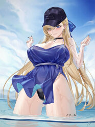 1girl artist_name bikini bikini_bottom_only black_bikini black_choker black_hat black_nails blonde_hair blue_dress blue_eyes blue_sky blush breasts brown_dust_(series) brown_dust_2 choker cleavage clenched_teeth cloud collarbone commentary_request cowboy_shot day dress earrings elbow_gloves fingerless_gloves fingernails gloves gluteal_fold hair_between_eyes hair_over_one_eye hat highres jewelry large_breasts long_fingernails long_hair looking_down noir1995 ocean official_alternate_costume partially_underwater_shot sidelocks sky sleeveless sleeveless_dress solo standing swept_bangs swimsuit teeth very_long_hair wading wet wet_clothes white_gloves wilhelmina_(brown_dust)