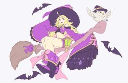 1girl bat_(animal) bird blonde_hair bow broom broom_riding circlet feh_(fire_emblem_heroes) fire_emblem fire_emblem_awakening fire_emblem_heroes halloween_costume hat high_heels highres lantern long_hair long_sleeves midriff nintendo nowi_(eternal_witch)_(fire_emblem) nowi_(fire_emblem) open_mouth owl pink_bow pointy_ears purple_eyes short_shorts shorts simple_background sleeves_past_fingers sleeves_past_wrists twitter_username white_background witch_hat zedoraart