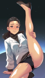 1girl ass black_hair black_panties black_skirt breasts high_heels highres lace lace_panties leg_lift long_hair looking_at_viewer metal_gear_(series) metal_gear_solid naomi_hunter panties skirt smile solo tirasi_(so) underwear